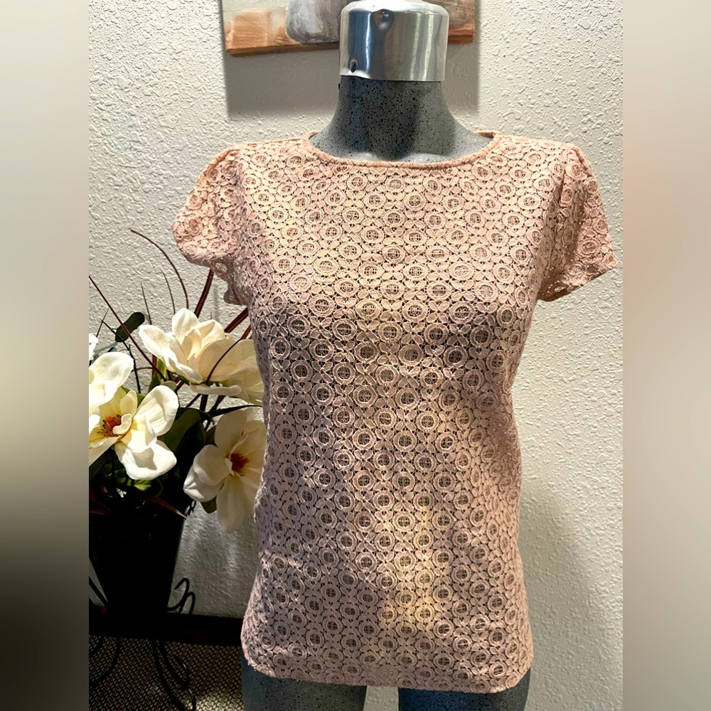 Ann Taylor Rose Gold Shimmer Loft Lace Blouse Size M/Petite.